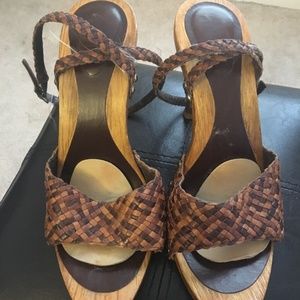 The Wild Pair Brown and Tan Woven Wood Stud Heels